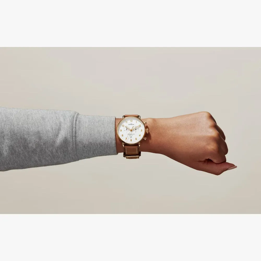 Shinola Canfield Chrono 43mm, White Dial / Brown Leather Strap