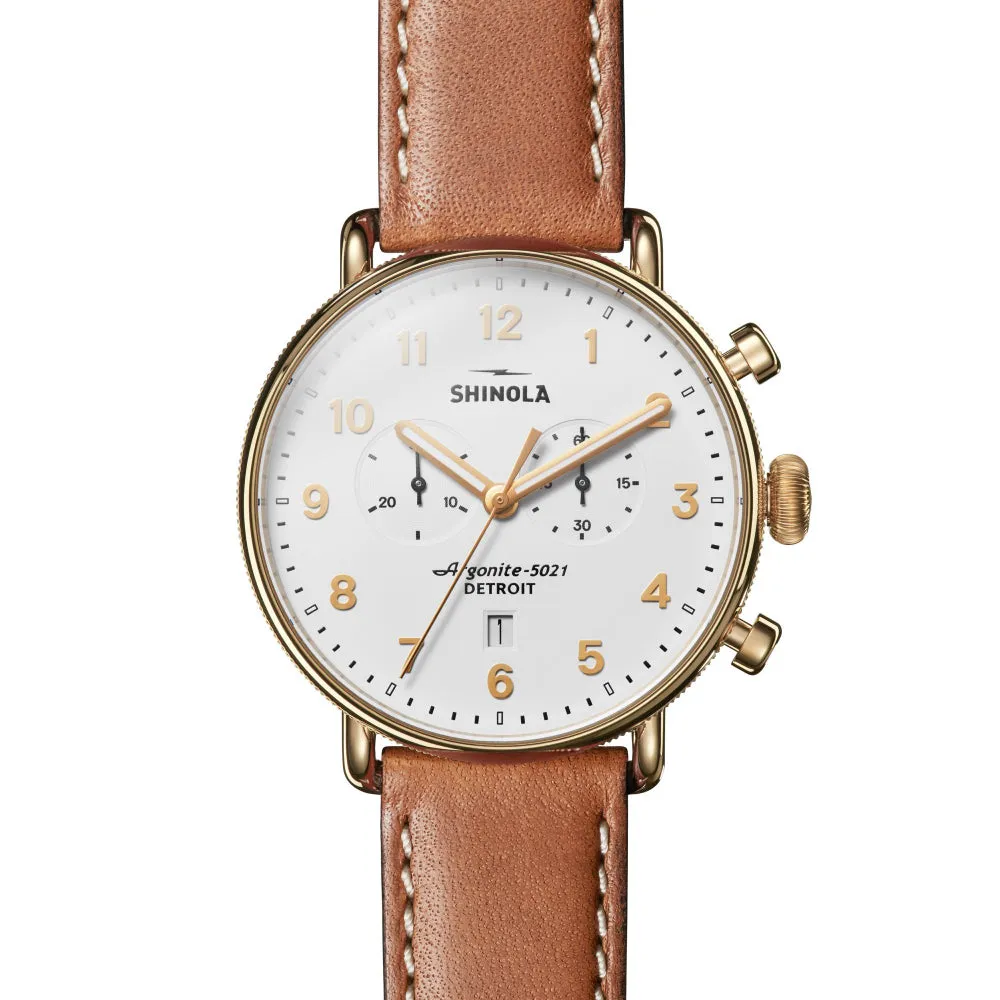 Shinola Canfield Chrono 43mm, White Dial / Brown Leather Strap