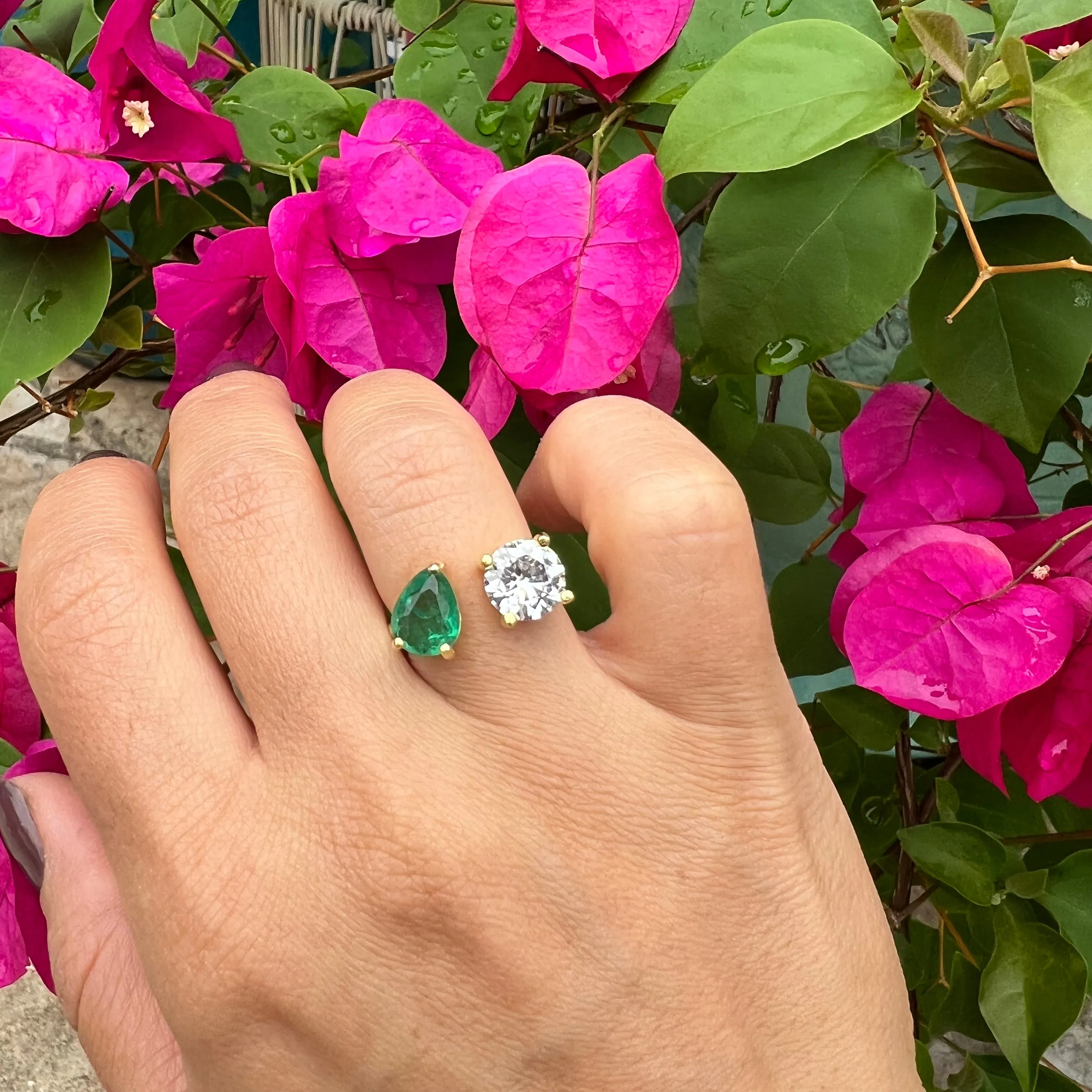 Silver gold plated round & pear emerald ring