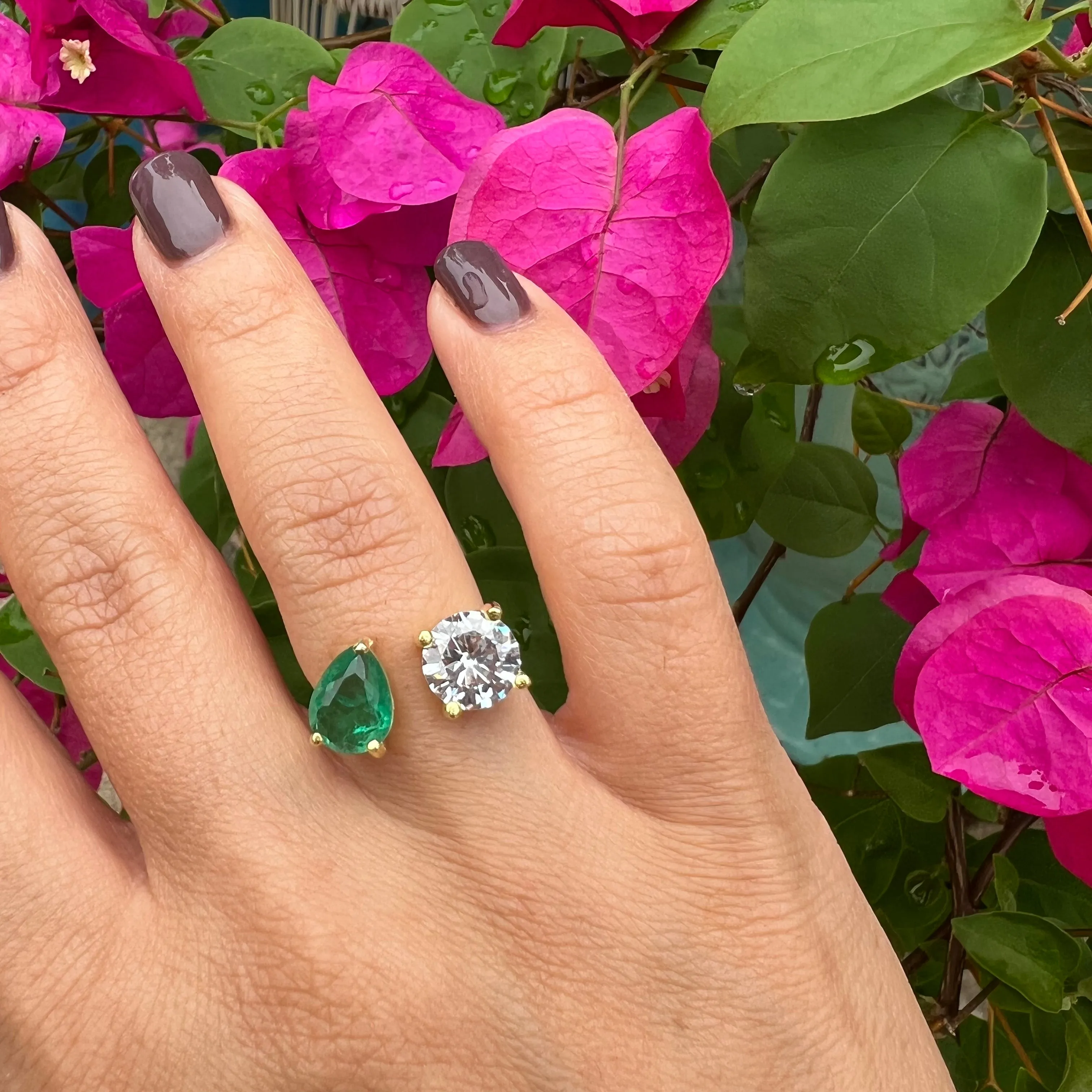 Silver gold plated round & pear emerald ring