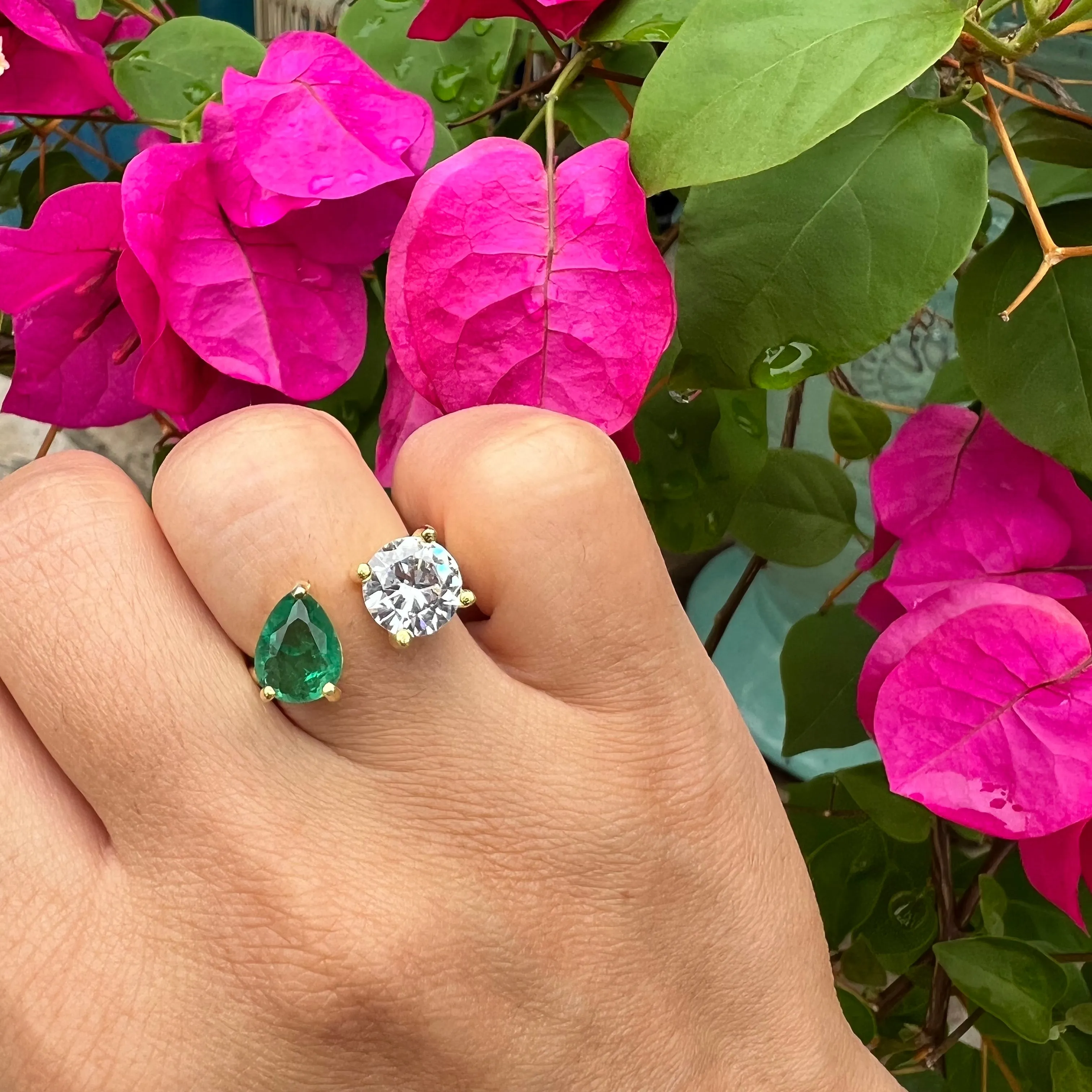 Silver gold plated round & pear emerald ring