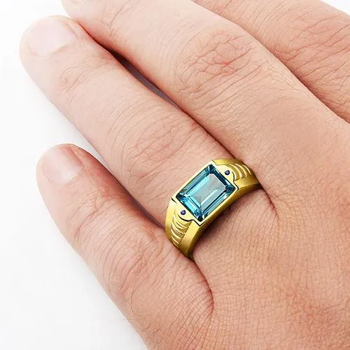 Solid 10K Fine Yellow Gold Men's Ring with Topaz and Sapphire Accents Gemstone