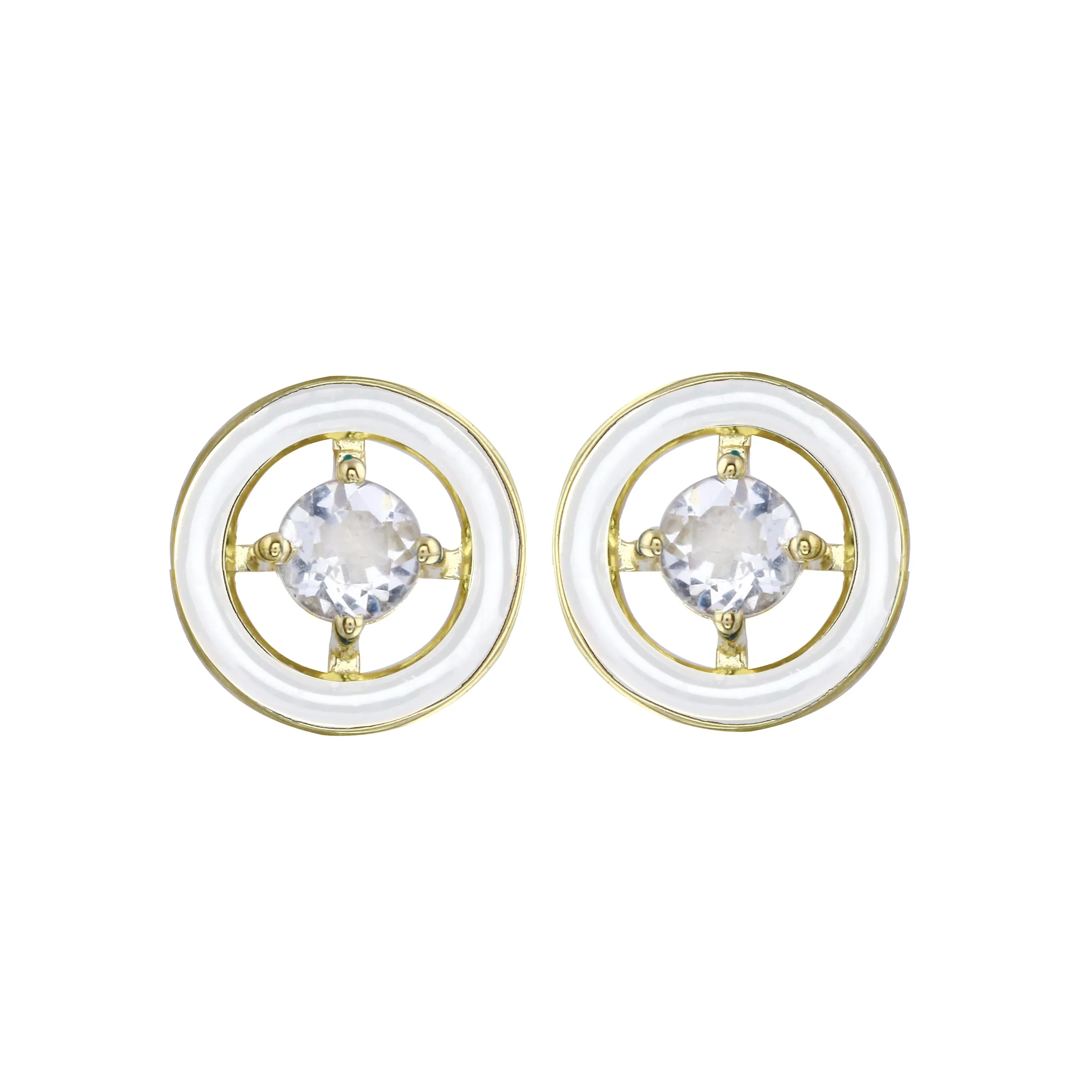 White Zircon and Enamel Circle Stud Earrings