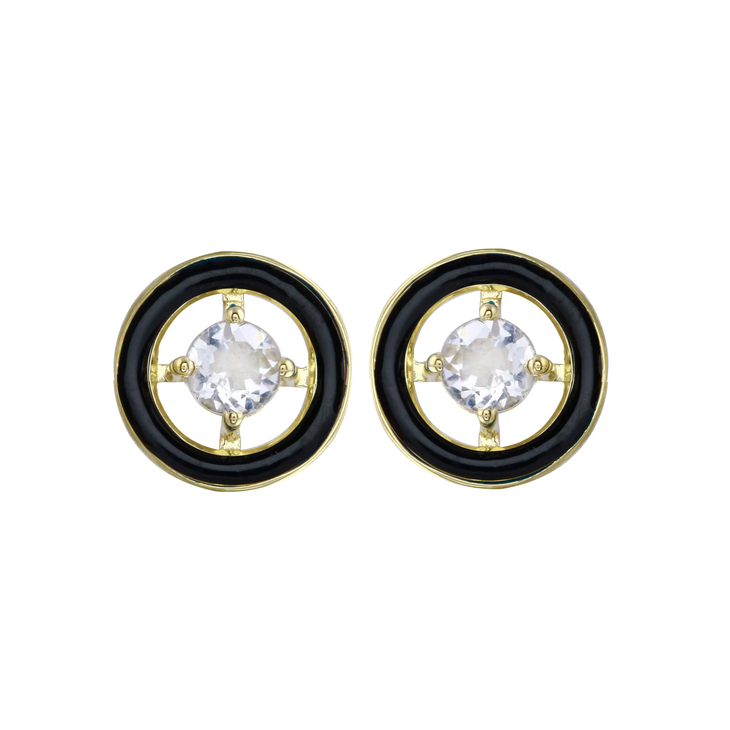 White Zircon and Enamel Circle Stud Earrings