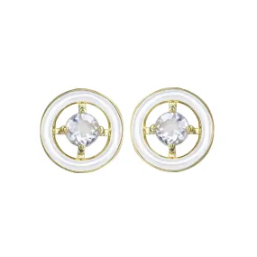 White Zircon and Enamel Circle Stud Earrings