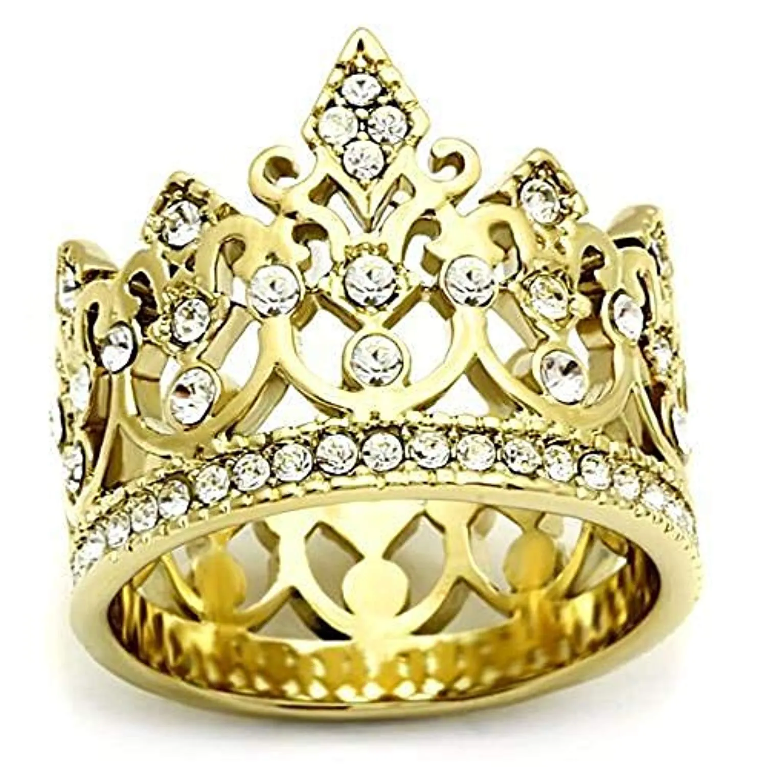 WildKlass Stainless Steel Crown Ring IP Gold Women Top Grade Crystal Clear